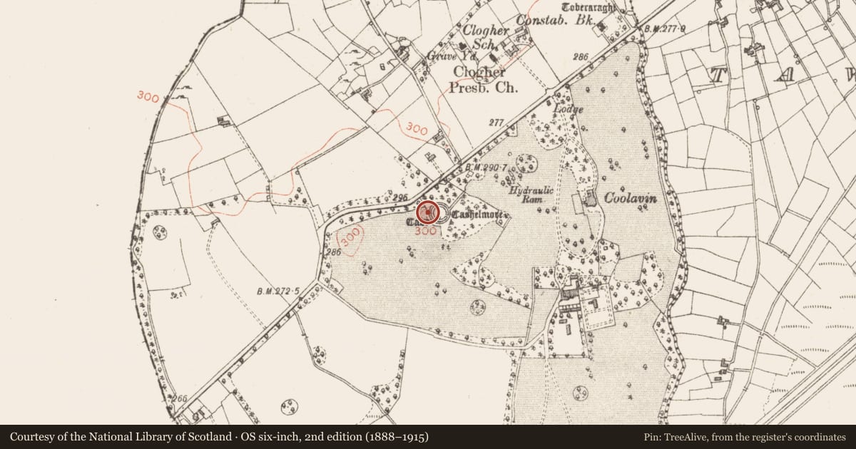 Ordnance Survey six-inch map, 2nd edition (1888–1915) covering the location of Ringfort - cashel, Clogher, County Sligo, with a pin at the register's coordinates