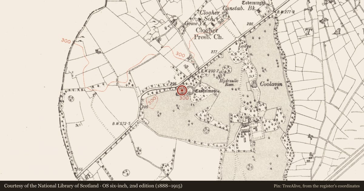 Ordnance Survey six-inch map, 2nd edition (1888–1915) covering the location of Souterrain, Clogher, County Sligo, with a pin at the register's coordinates