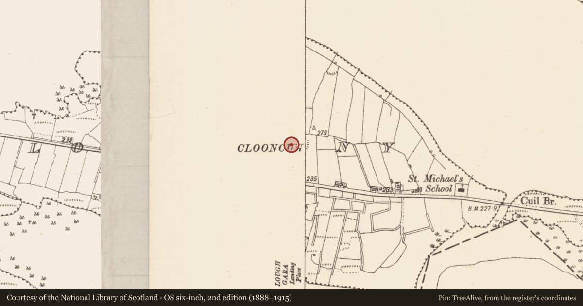 Ordnance Survey six-inch map, 2nd edition (1888–1915) covering the location of Ringfort - rath, Clooncunny, County Sligo, with a pin at the register's coordinates
