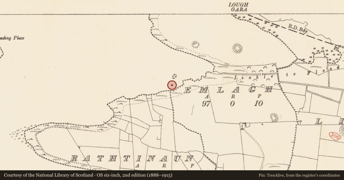 Ordnance Survey six-inch map, 2nd edition (1888–1915) covering the location of Crannog, Lough Gara, County Sligo, with a pin at the register's coordinates