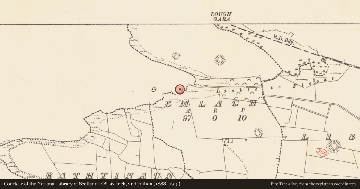 Ordnance Survey six-inch map, 2nd edition (1888–1915) covering the location of Crannog, Lough Gara, County Sligo, with a pin at the register's coordinates