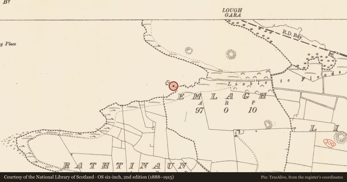 Ordnance Survey six-inch map, 2nd edition (1888–1915) covering the location of Crannog, Lough Gara, County Sligo, with a pin at the register's coordinates