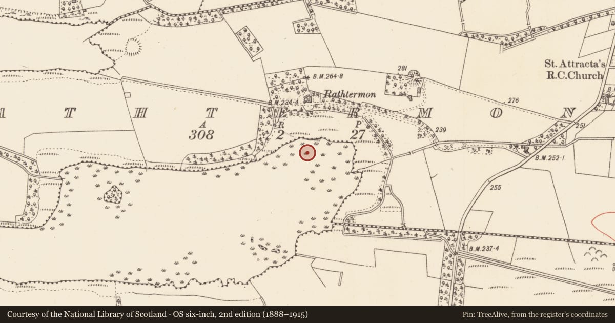 Ordnance Survey six-inch map, 2nd edition (1888–1915) covering the location of Crannog, Rathtermon, County Sligo, with a pin at the register's coordinates