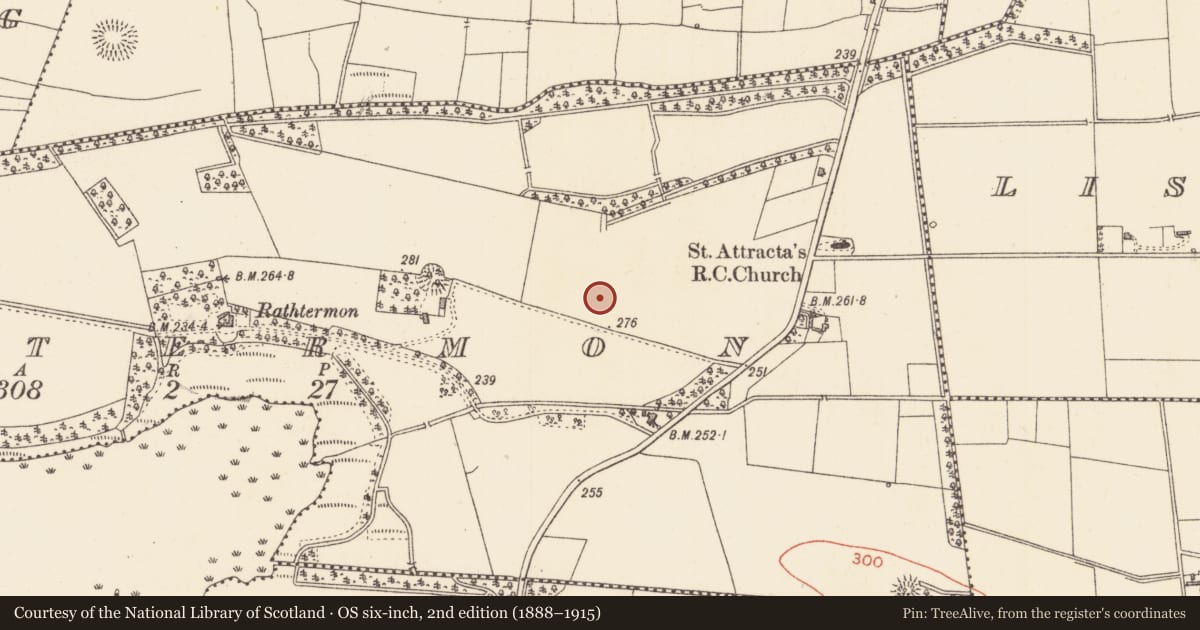 Ordnance Survey six-inch map, 2nd edition (1888–1915) covering the location of Earthwork, Rathtermon, County Sligo, with a pin at the register's coordinates