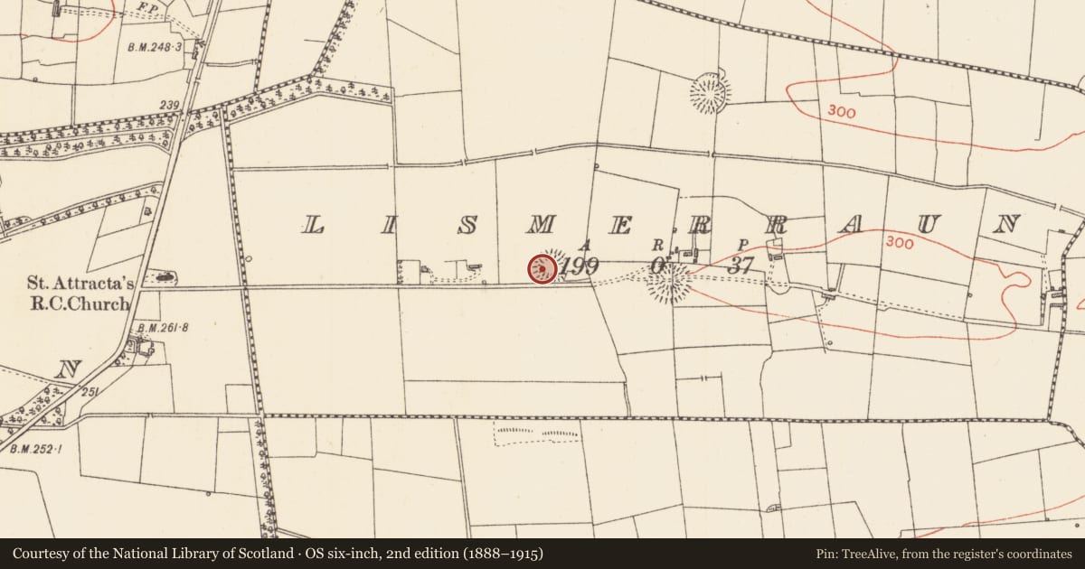 Ordnance Survey six-inch map, 2nd edition (1888–1915) covering the location of Ringfort - rath, Lismerraun, County Sligo, with a pin at the register's coordinates