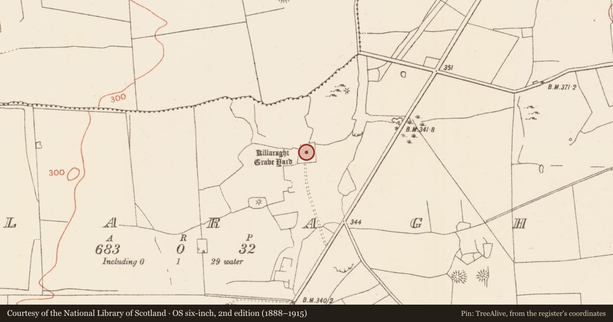 Ordnance Survey six-inch map, 2nd edition (1888–1915) covering the location of Field system, Killaraght, County Sligo, with a pin at the register's coordinates