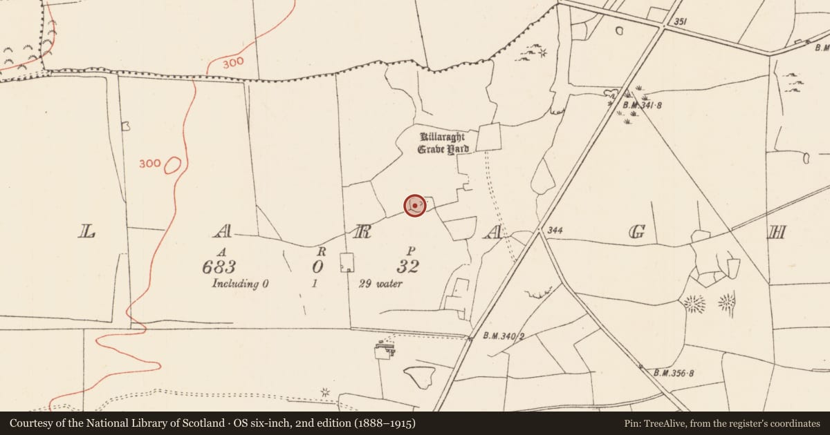 Ordnance Survey six-inch map, 2nd edition (1888–1915) covering the location of Barrow - mound barrow, Killaraght, County Sligo, with a pin at the register's coordinates