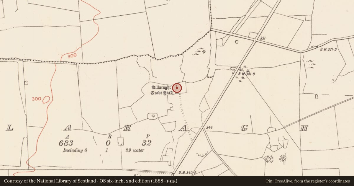 Ordnance Survey six-inch map, 2nd edition (1888–1915) covering the location of Cross-slab, Killaraght, County Sligo, with a pin at the register's coordinates