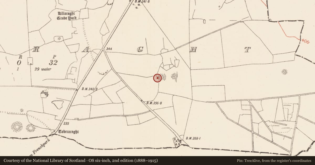 Ordnance Survey six-inch map, 2nd edition (1888–1915) covering the location of Ringfort - rath, Killaraght, County Sligo, with a pin at the register's coordinates