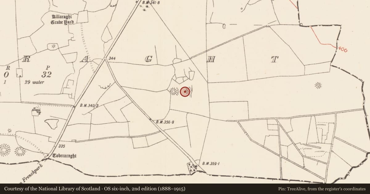Ordnance Survey six-inch map, 2nd edition (1888–1915) covering the location of Enclosure, Killaraght, County Sligo, with a pin at the register's coordinates