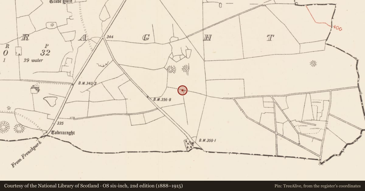 Ordnance Survey six-inch map, 2nd edition (1888–1915) covering the location of Burnt mound, Killaraght, County Sligo, with a pin at the register's coordinates
