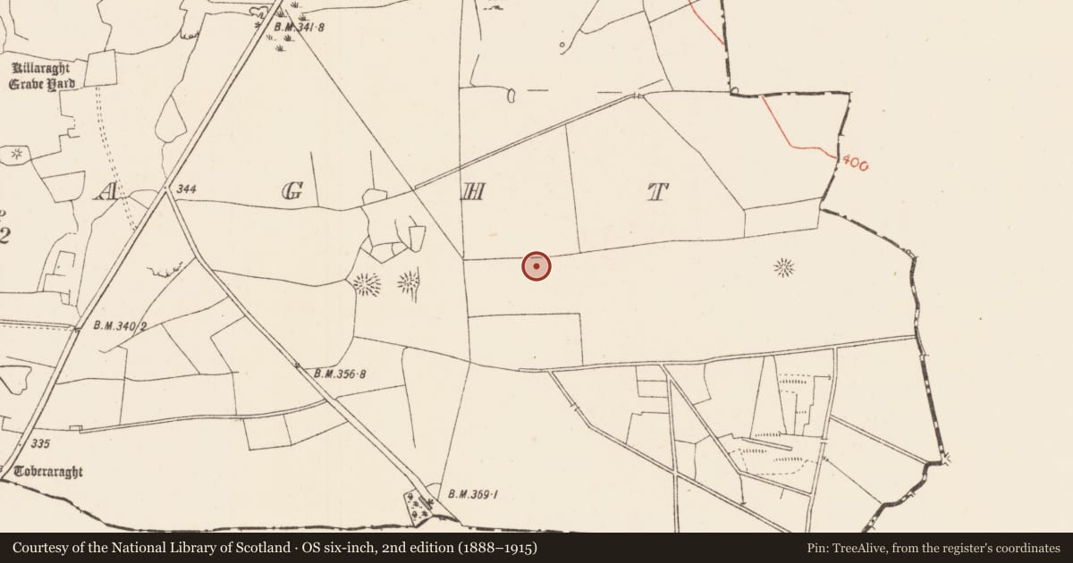 Ordnance Survey six-inch map, 2nd edition (1888–1915) covering the location of Barrow - unclassified, Killaraght, County Sligo, with a pin at the register's coordinates