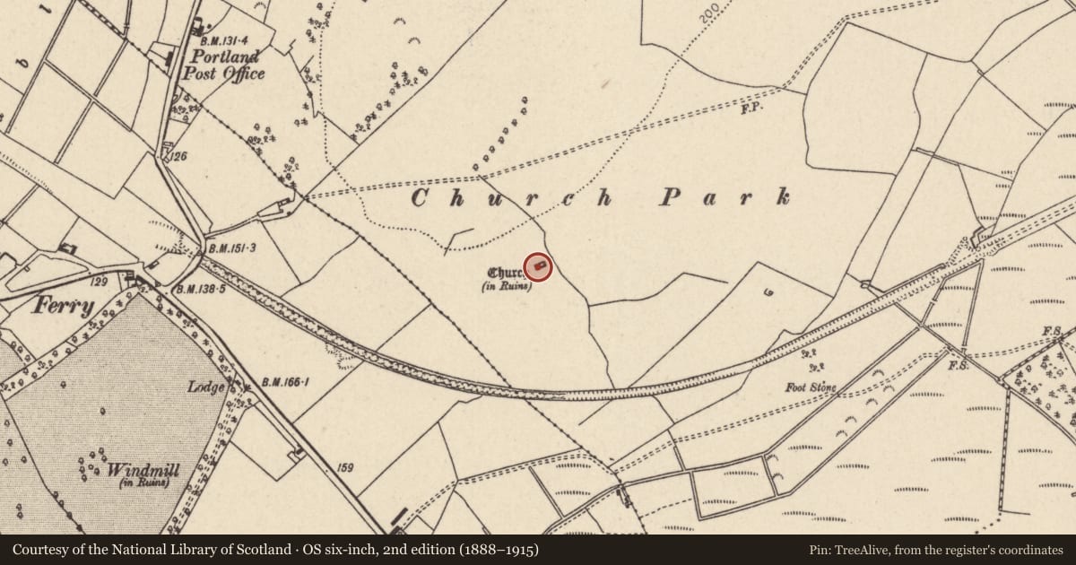 Ordnance Survey six-inch map, 2nd edition (1888–1915) covering the location of Church, Portland, County Tipperary North, with a pin at the register's coordinates