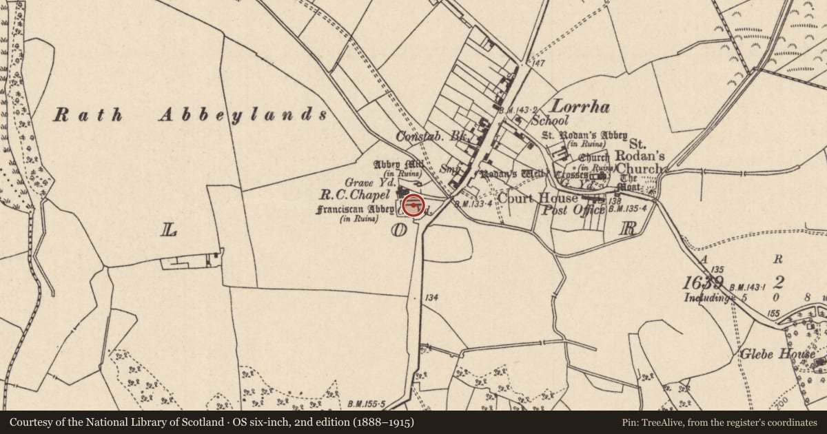 Ordnance Survey six-inch map, 2nd edition (1888–1915) covering the location of Religious house - Dominican friars, Lorrha, County Tipperary North, with a pin at the register's coordinates
