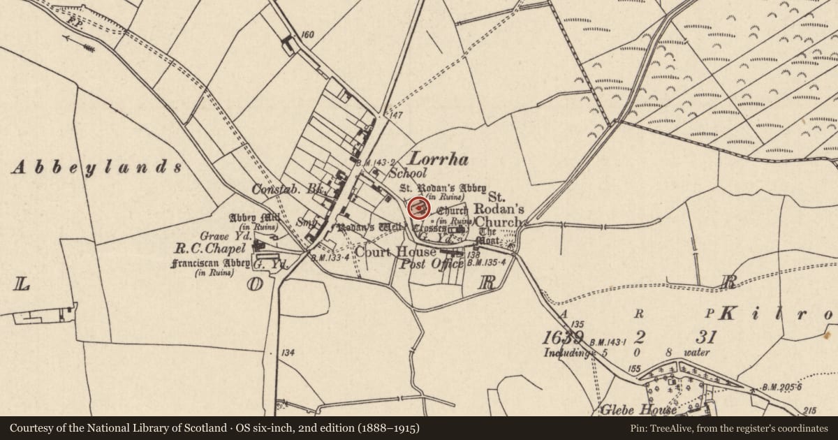 Ordnance Survey six-inch map, 2nd edition (1888–1915) covering the location of Religious house - Augustinian canons, Lorrha, County Tipperary North, with a pin at the register's coordinates