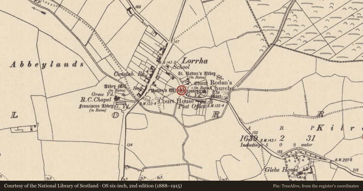 Ordnance Survey six-inch map, 2nd edition (1888–1915) covering the location of Ritual site - holy well, Lorrha, County Tipperary North, with a pin at the register's coordinates