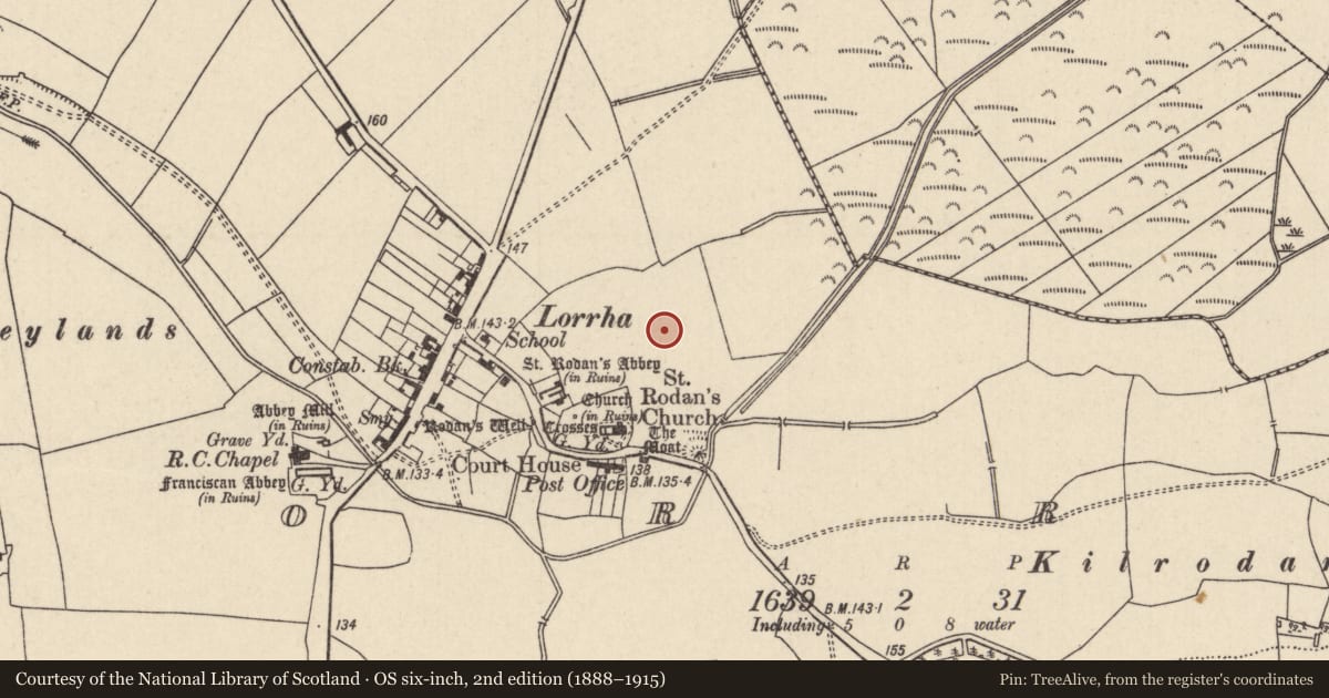 Ordnance Survey six-inch map, 2nd edition (1888–1915) covering the location of Ecclesiastical enclosure, Lorrha, County Tipperary North, with a pin at the register's coordinates