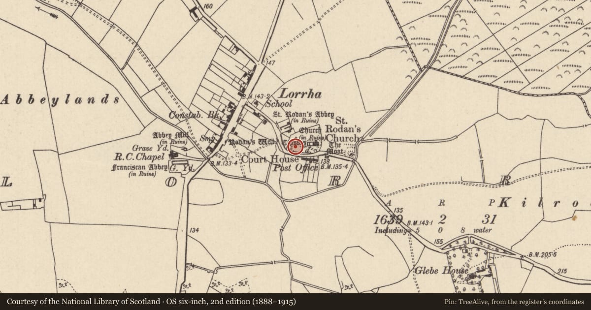 Ordnance Survey six-inch map, 2nd edition (1888–1915) covering the location of Graveyard, Lorrha, County Tipperary North, with a pin at the register's coordinates