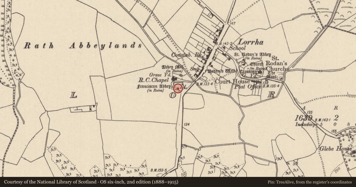 Ordnance Survey six-inch map, 2nd edition (1888–1915) covering the location of Graveyard, Lorrha, County Tipperary North, with a pin at the register's coordinates