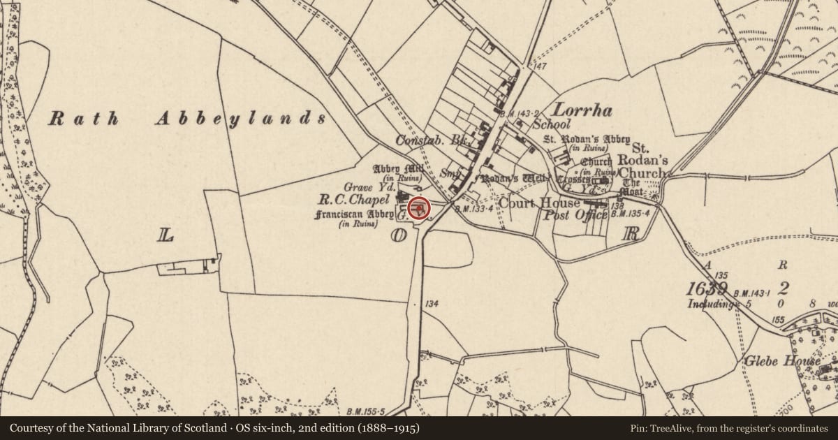 Ordnance Survey six-inch map, 2nd edition (1888–1915) covering the location of Memorial stone, Lorrha, County Tipperary North, with a pin at the register's coordinates