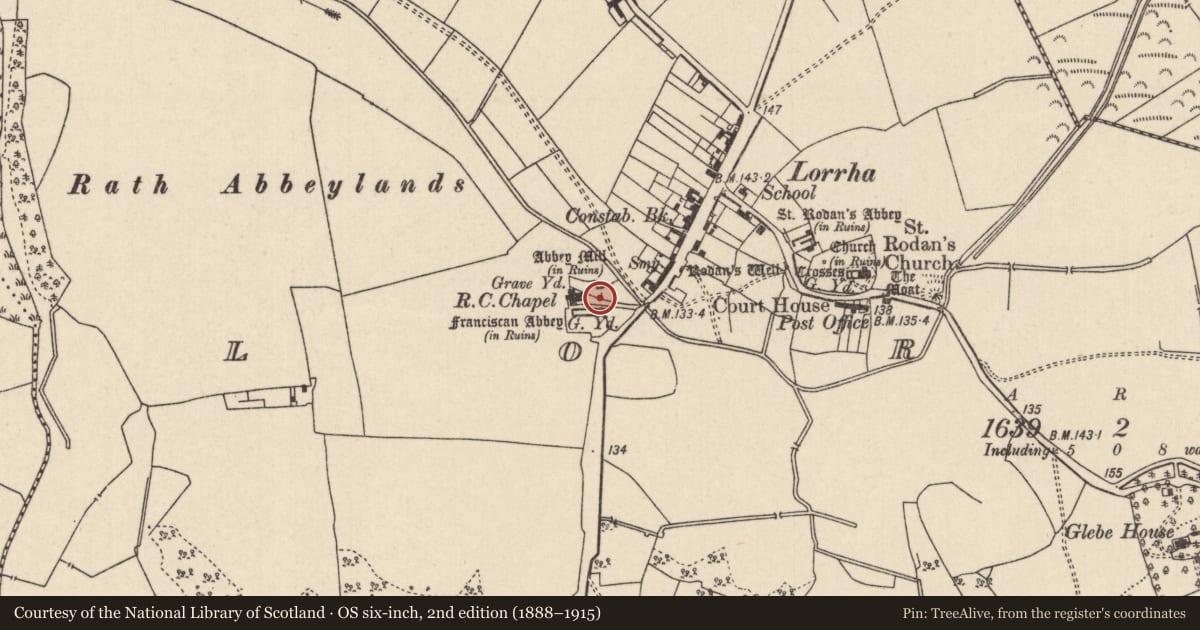Ordnance Survey six-inch map, 2nd edition (1888–1915) covering the location of Stone trough, Lorrha, County Tipperary North, with a pin at the register's coordinates