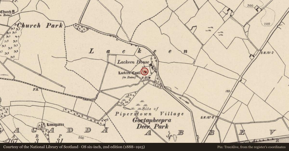 Ordnance Survey six-inch map, 2nd edition (1888–1915) covering the location of Castle - tower house, Abbeville, County Tipperary North, with a pin at the register's coordinates