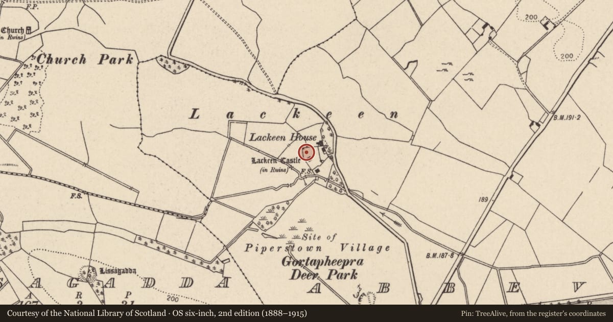 Ordnance Survey six-inch map, 2nd edition (1888–1915) covering the location of Bawn, Abbeville, County Tipperary North, with a pin at the register's coordinates