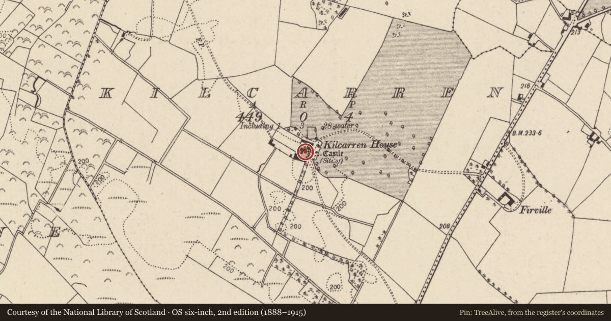 Ordnance Survey six-inch map, 2nd edition (1888–1915) covering the location of Castle - unclassified, Kilcarren, County Tipperary North, with a pin at the register's coordinates