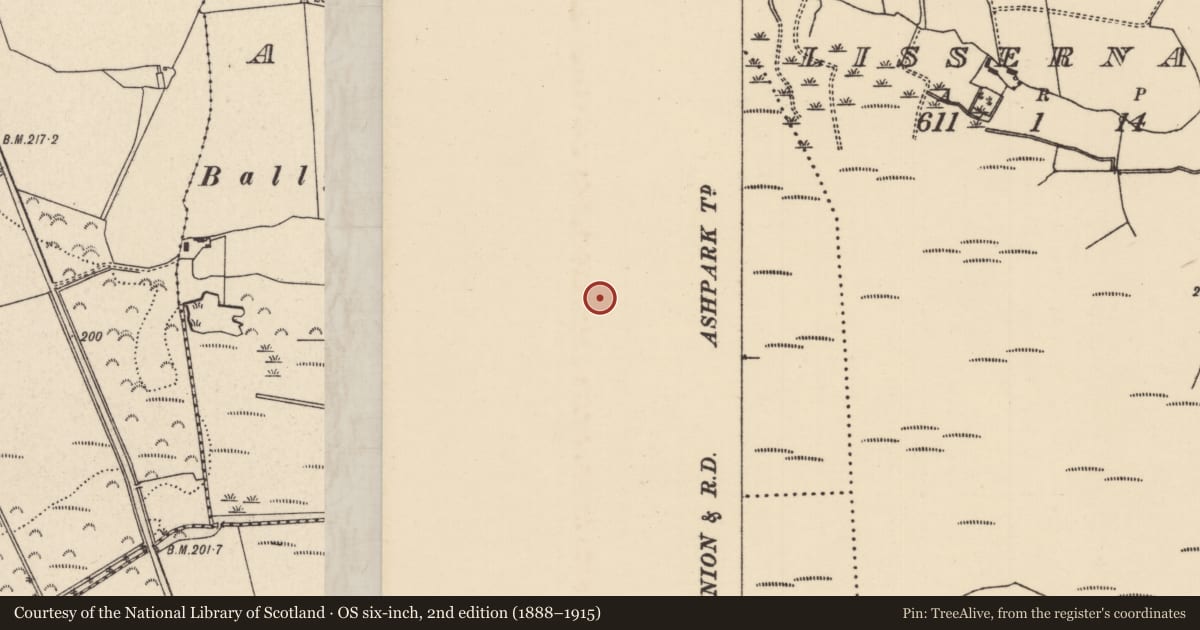 Ordnance Survey six-inch map, 2nd edition (1888–1915) covering the location of Enclosure - large enclosure, Ashpark, County Tipperary North, with a pin at the register's coordinates