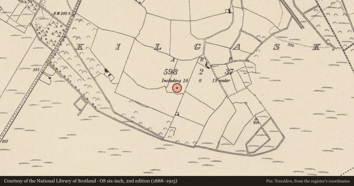 Ordnance Survey six-inch map, 2nd edition (1888–1915) covering the location of Enclosure, Kilgask, County Tipperary North, with a pin at the register's coordinates