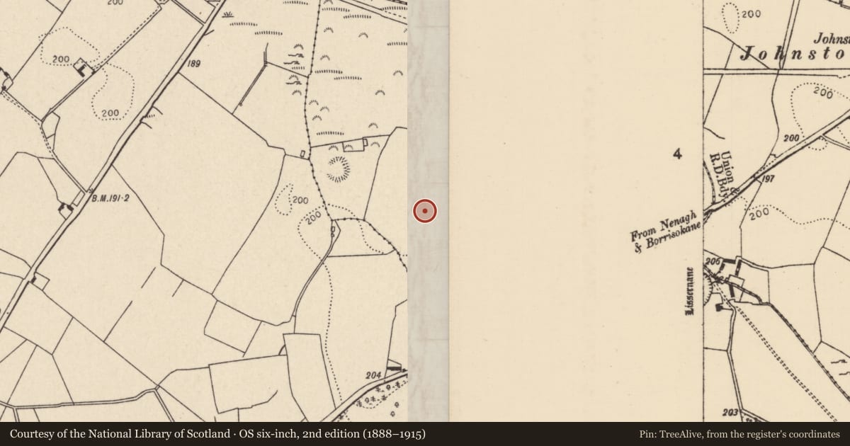 Ordnance Survey six-inch map, 2nd edition (1888–1915) covering the location of Burial ground, Lissernane, County Tipperary North, with a pin at the register's coordinates