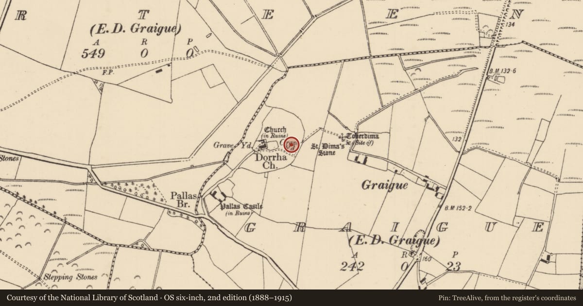 Ordnance Survey six-inch map, 2nd edition (1888–1915) covering the location of Ecclesiastical enclosure, Graigue (Dorrha Par.), County Tipperary North, with a pin at the register's coordinates