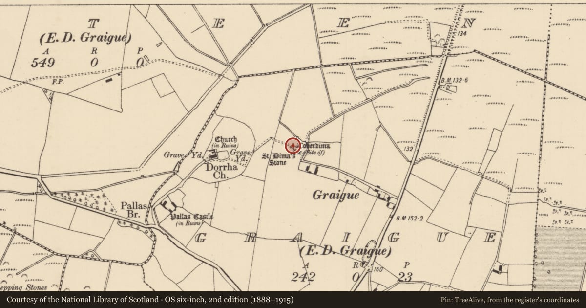 Ordnance Survey six-inch map, 2nd edition (1888–1915) covering the location of Ritual site - holy well, Graigue (Dorrha Par.), County Tipperary North, with a pin at the register's coordinates