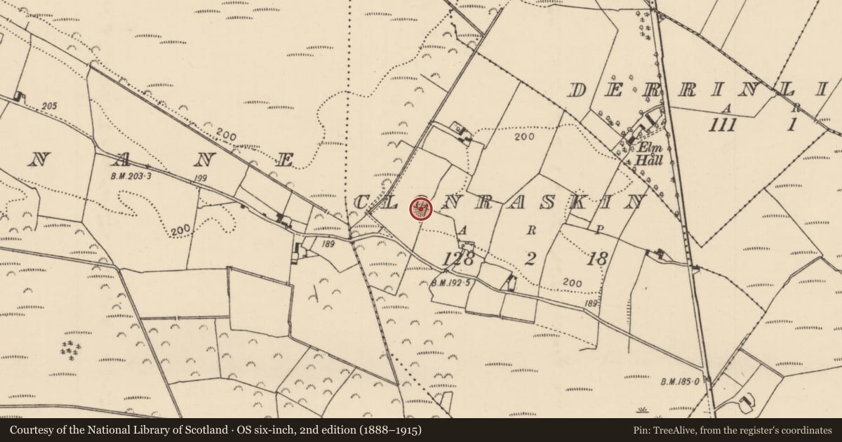 Ordnance Survey six-inch map, 2nd edition (1888–1915) covering the location of Enclosure, Clonraskin, County Tipperary North, with a pin at the register's coordinates