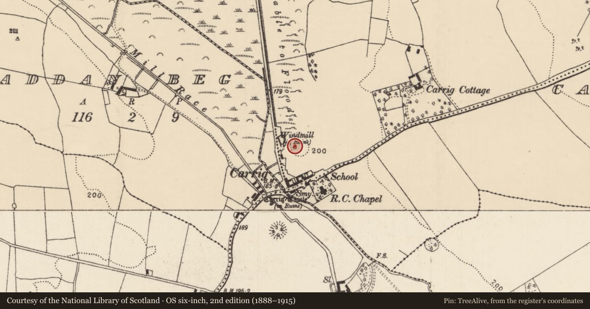 Ordnance Survey six-inch map, 2nd edition (1888–1915) covering the location of Windmill, Ballykinash, County Tipperary North, with a pin at the register's coordinates