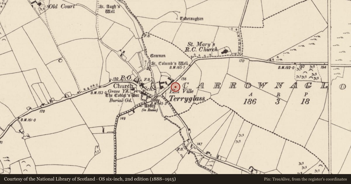 Ordnance Survey six-inch map, 2nd edition (1888–1915) covering the location of Ecclesiastical site, County Tipperary North, with a pin at the register's coordinates