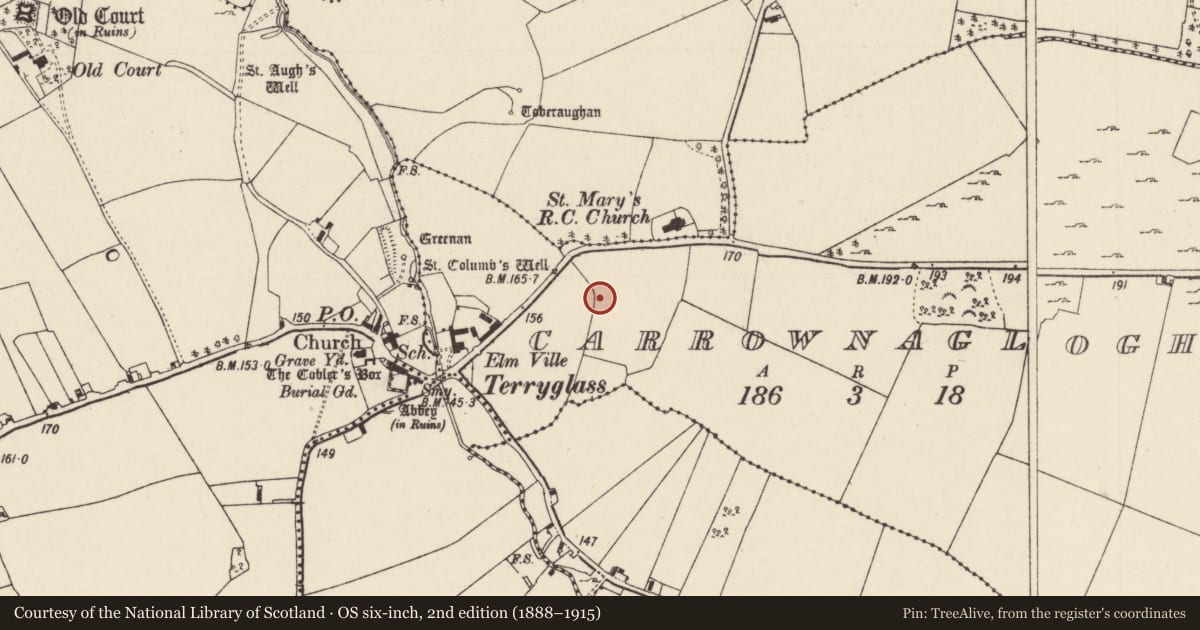 Ordnance Survey six-inch map, 2nd edition (1888–1915) covering the location of Ecclesiastical enclosure, County Tipperary North, with a pin at the register's coordinates