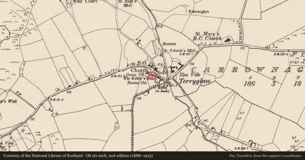 Ordnance Survey six-inch map, 2nd edition (1888–1915) covering the location of Church, Terryglass, County Tipperary North, with a pin at the register's coordinates