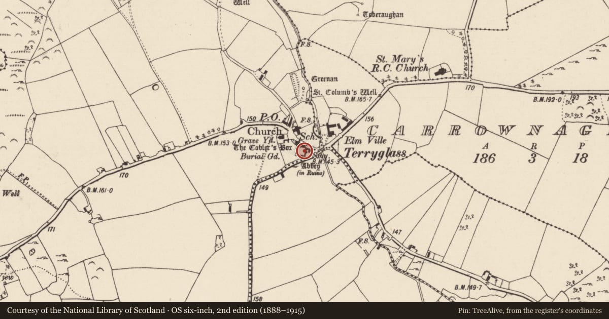 Ordnance Survey six-inch map, 2nd edition (1888–1915) covering the location of Bawn, Carrownaglogh, County Tipperary North, with a pin at the register's coordinates