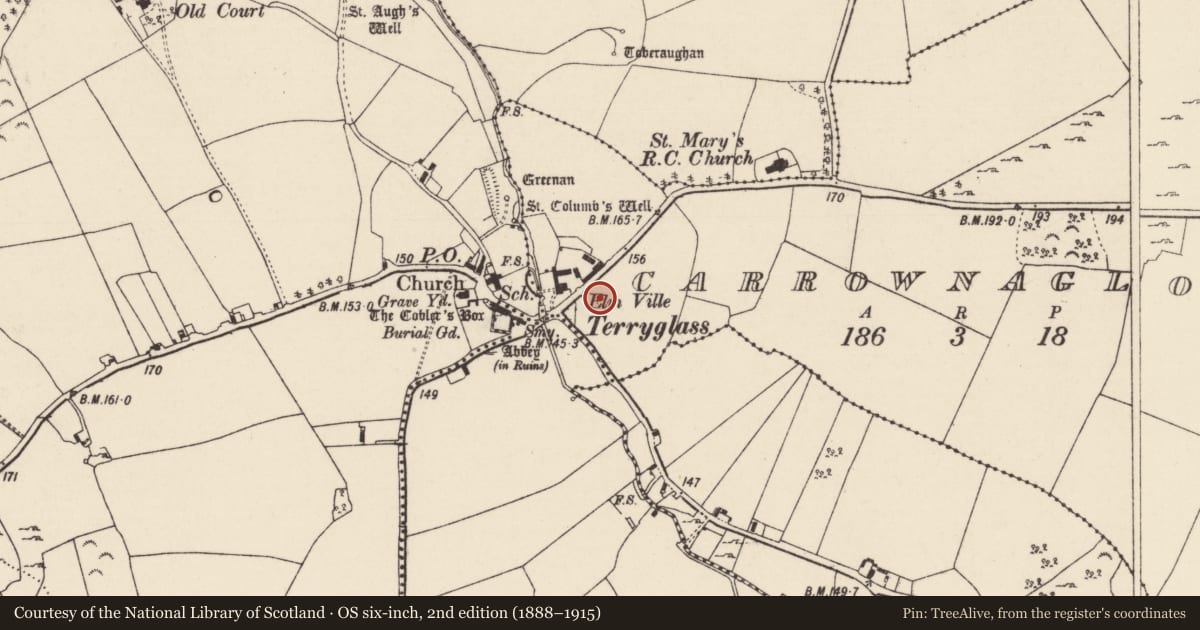 Ordnance Survey six-inch map, 2nd edition (1888–1915) covering the location of Barrow - ditch barrow, Carrownaglogh, County Tipperary North, with a pin at the register's coordinates