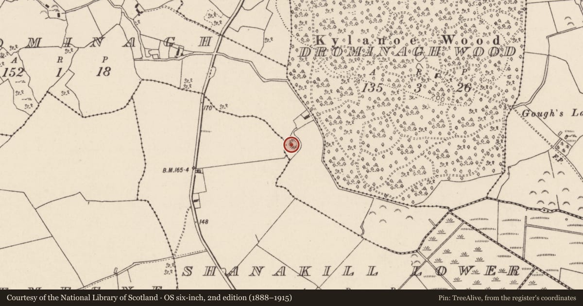 Ordnance Survey six-inch map, 2nd edition (1888–1915) covering the location of Enclosure, Drominagh, County Tipperary North, with a pin at the register's coordinates