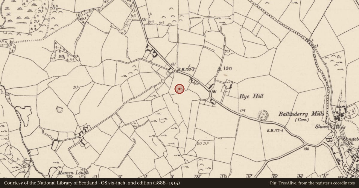 Ordnance Survey six-inch map, 2nd edition (1888–1915) covering the location of Enclosure, Ballinderry (Kilbarron Par.), County Tipperary North, with a pin at the register's coordinates