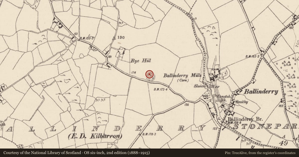Ordnance Survey six-inch map, 2nd edition (1888–1915) covering the location of Children's burial ground, Ballinderry (Kilbarron Par.), County Tipperary North, with a pin at the register's coordinates