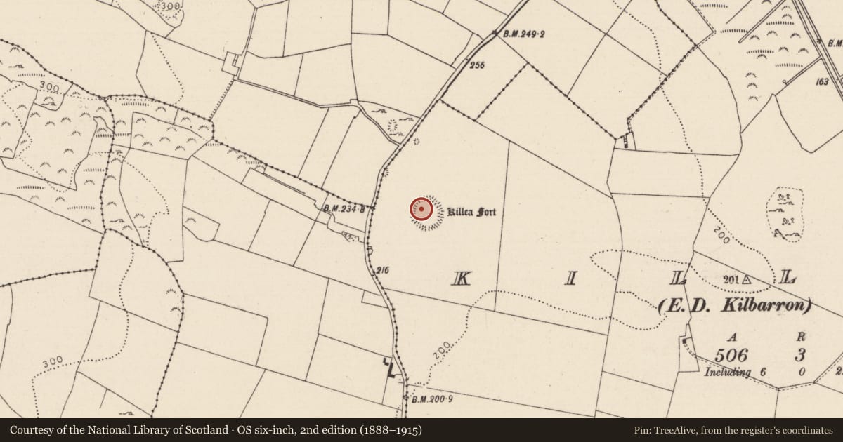 Ordnance Survey six-inch map, 2nd edition (1888–1915) covering the location of Ringfort - rath, Killea (Finnoe Par.), County Tipperary North, with a pin at the register's coordinates
