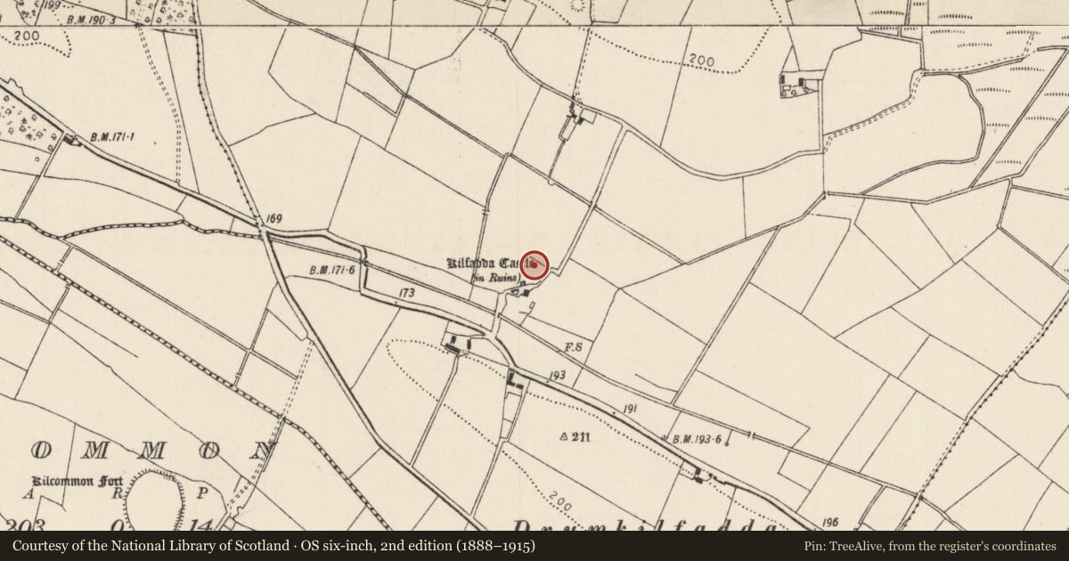 Ordnance Survey six-inch map, 2nd edition (1888–1915) covering the location of Bawn, Kilfadda, County Tipperary North, with a pin at the register's coordinates