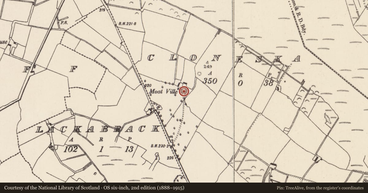 Ordnance Survey six-inch map, 2nd edition (1888–1915) covering the location of Mound, Cloneska, County Tipperary North, with a pin at the register's coordinates