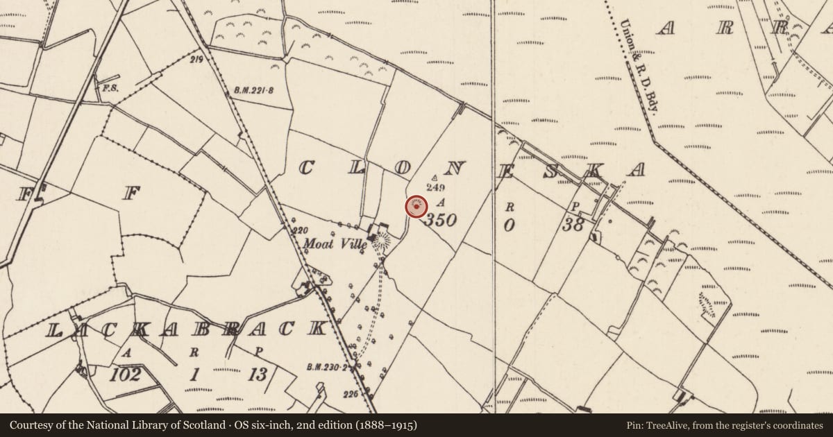 Ordnance Survey six-inch map, 2nd edition (1888–1915) covering the location of Enclosure, Cloneska, County Tipperary North, with a pin at the register's coordinates