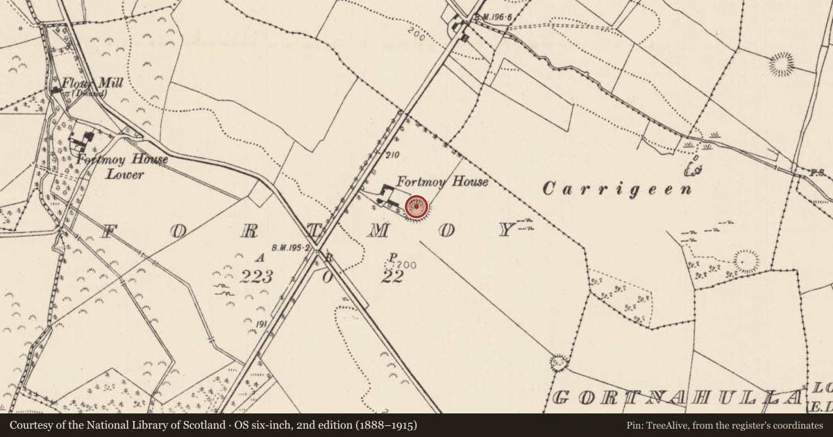 Ordnance Survey six-inch map, 2nd edition (1888–1915) covering the location of Ringfort - rath, Fortmoy, County Tipperary North, with a pin at the register's coordinates