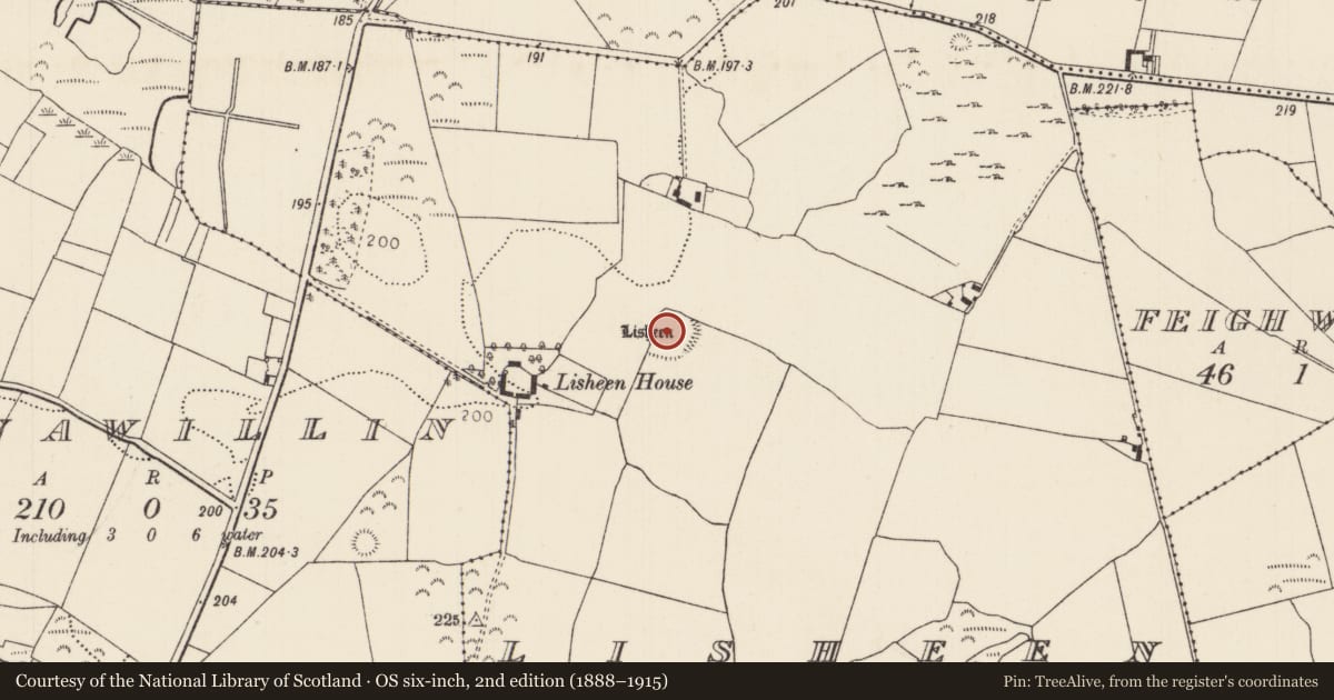 Ordnance Survey six-inch map, 2nd edition (1888–1915) covering the location of Enclosure, Lisheen (Aglishcloghane Par.), County Tipperary North, with a pin at the register's coordinates