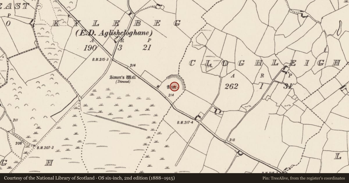 Ordnance Survey six-inch map, 2nd edition (1888–1915) covering the location of Children's burial ground, Cloghleigh (Aglishcloghane Par.), Kylebeg (Aglishcloghane Par.), County Tipperary North, with a pin at the register's coordinates